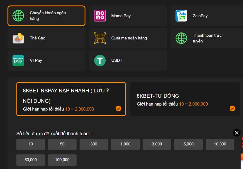 Nạp tiền 8kbet qua tài khoản ngân hàng